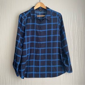 Ann Taylor Blouse Retro Plaid Women’s Medium Windowpane Blue Long Sleeve